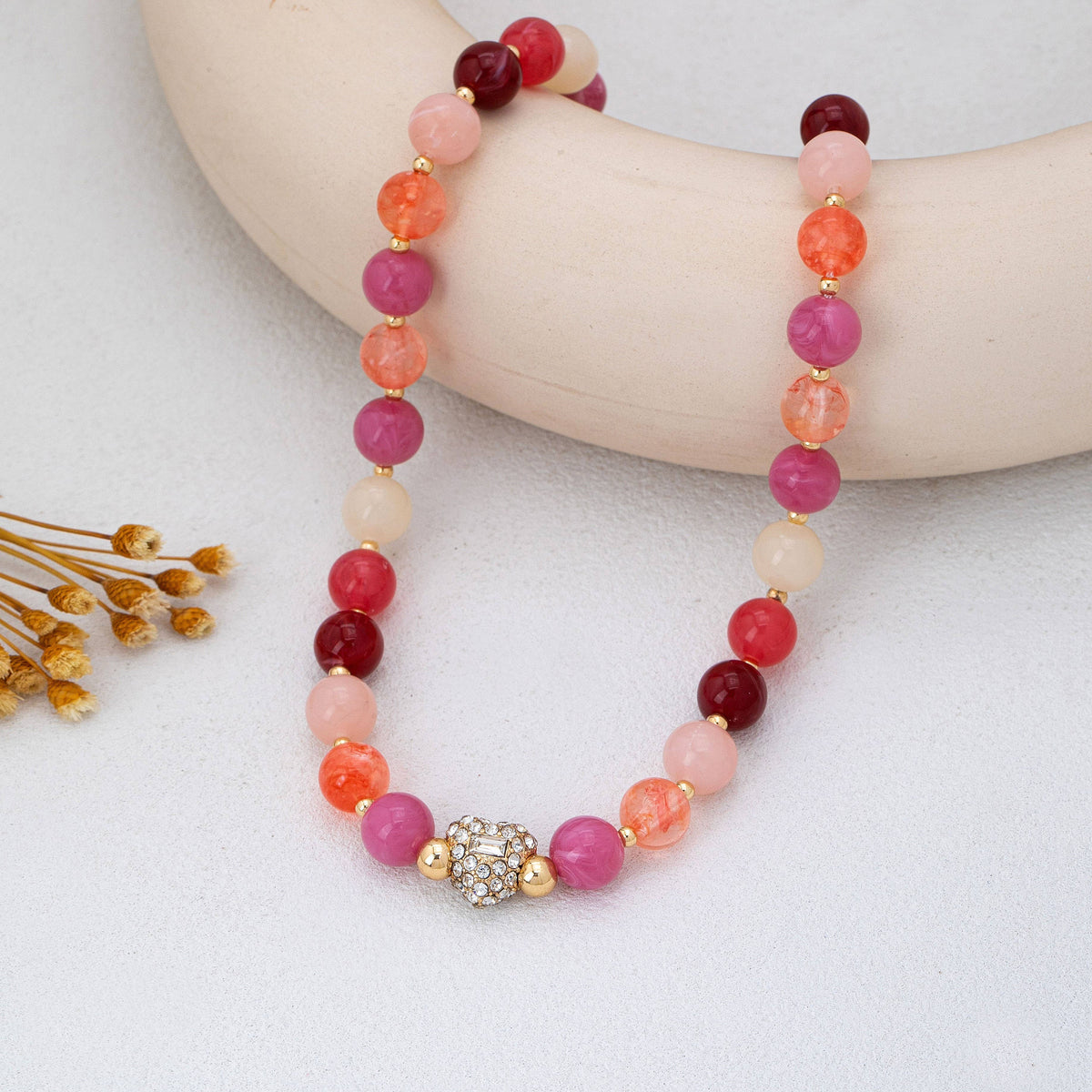 Rose & Berry Beaded Heart Crystal Ball Necklace