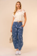 91785P Western Print Barrel Leg Denim Jean: MEDIUM WASH / S-M-L (2-2-2)