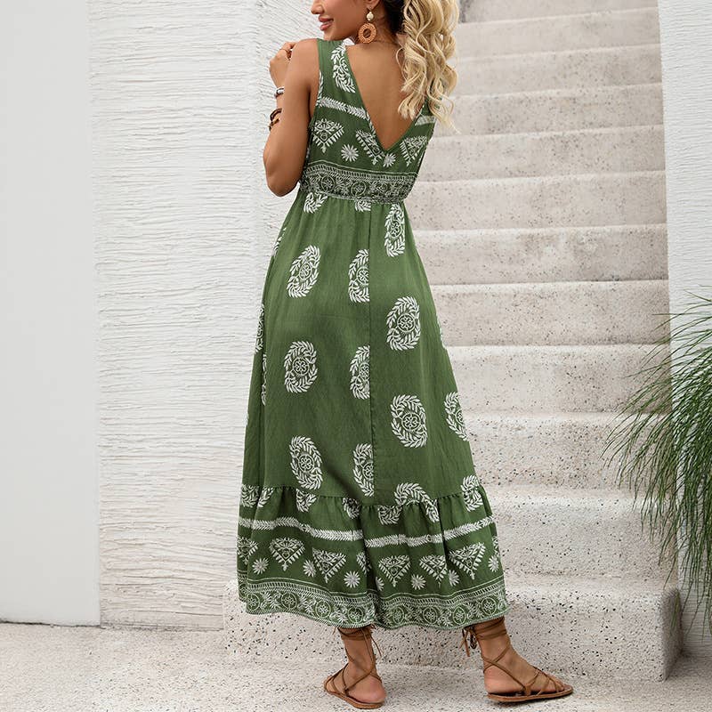 Boho Printed Sleeveless Maxi Dress SZ29-DR635: Green / L