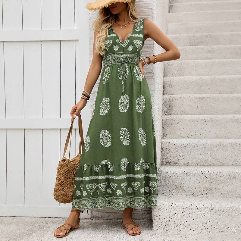 Boho Printed Sleeveless Maxi Dress SZ29-DR635: Green / L