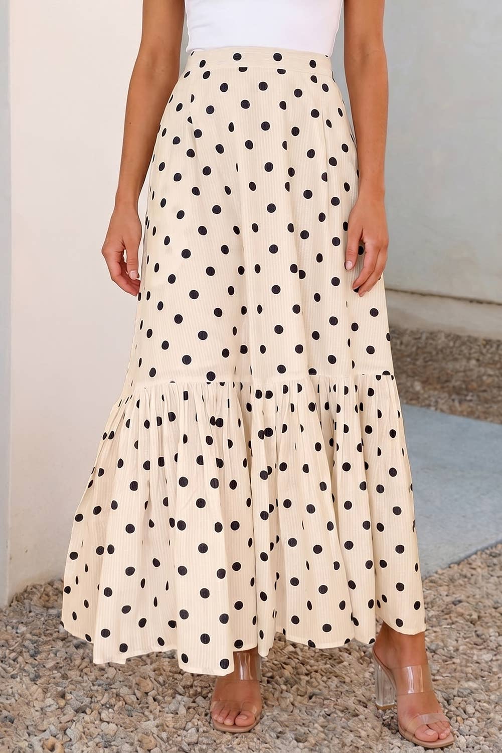 Polka Dot Ruffled Slit Maxi Skirt