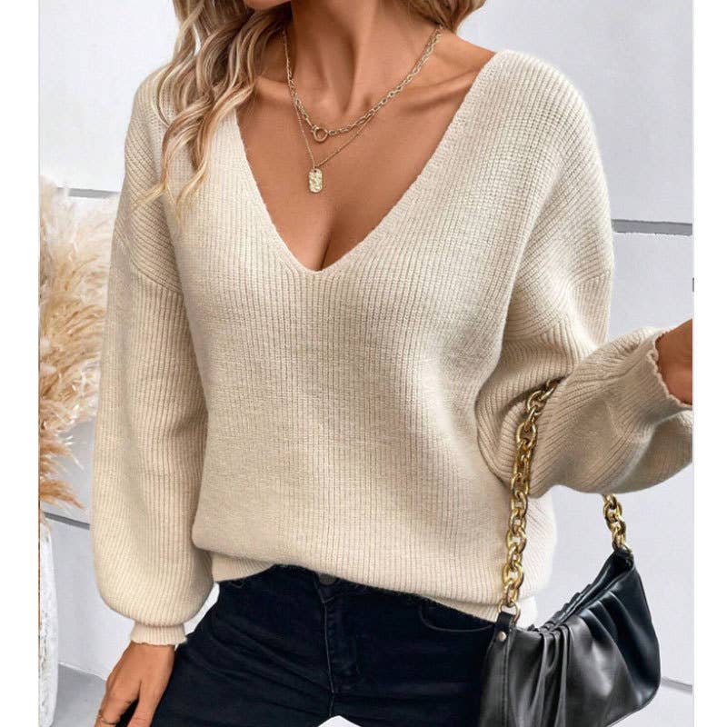 V-neck plain knit sweater with back tie: Beige / L