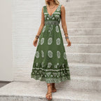 Boho Printed Sleeveless Maxi Dress SZ29-DR635: Green / L