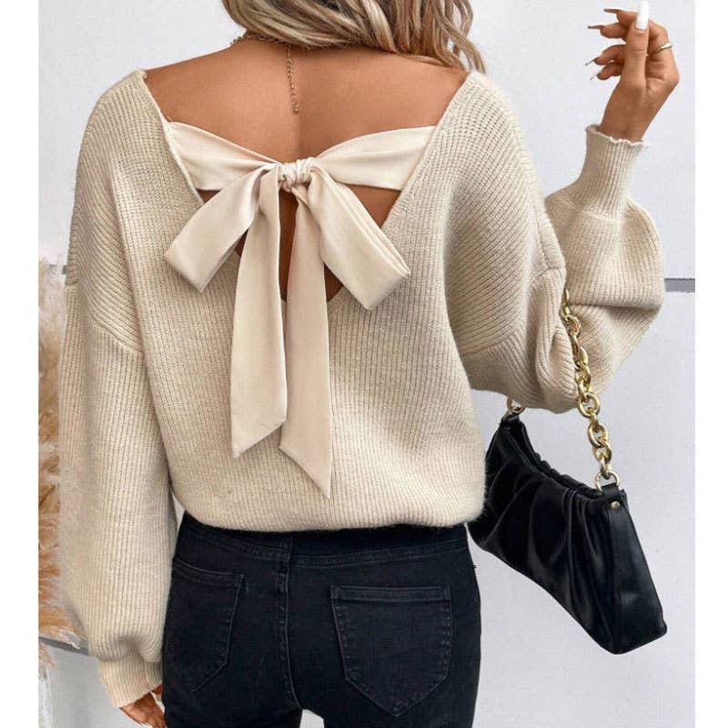 V-neck plain knit sweater with back tie: Beige / L