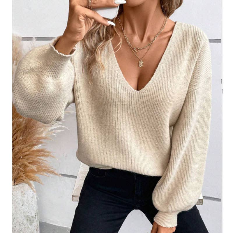 V-neck plain knit sweater with back tie: Beige / L