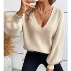V-neck plain knit sweater with back tie: Beige / L