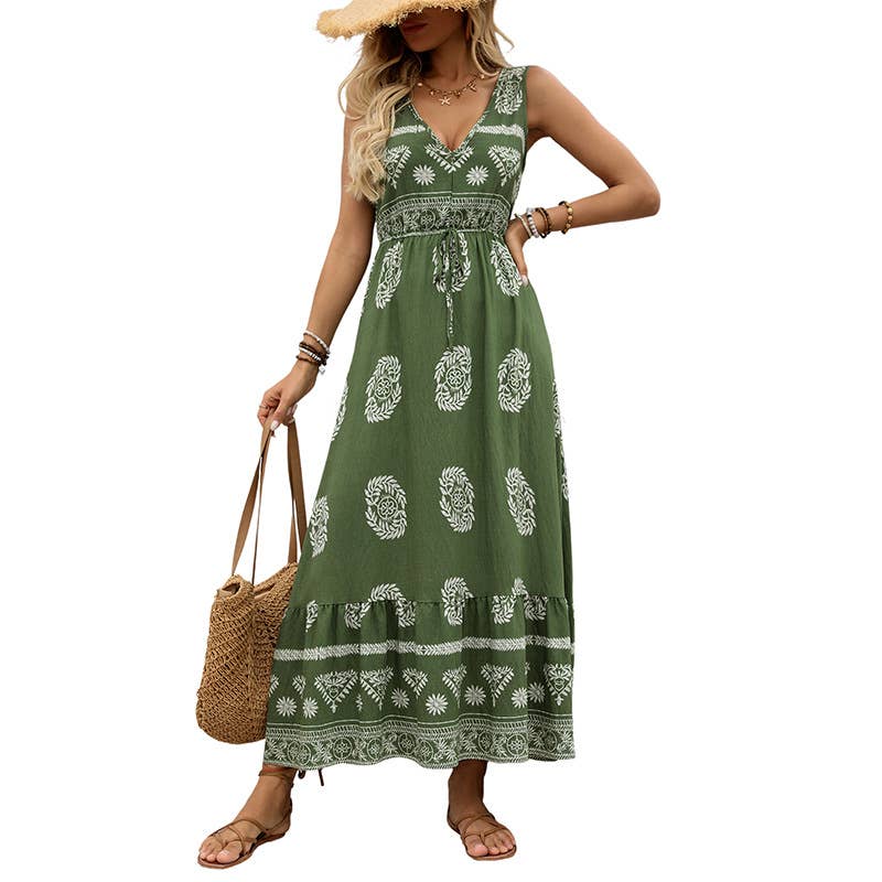 Boho Printed Sleeveless Maxi Dress SZ29-DR635: Green / L