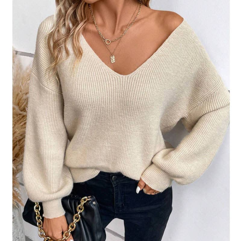 V-neck plain knit sweater with back tie: Beige / L