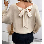 V-neck plain knit sweater with back tie: Beige / L
