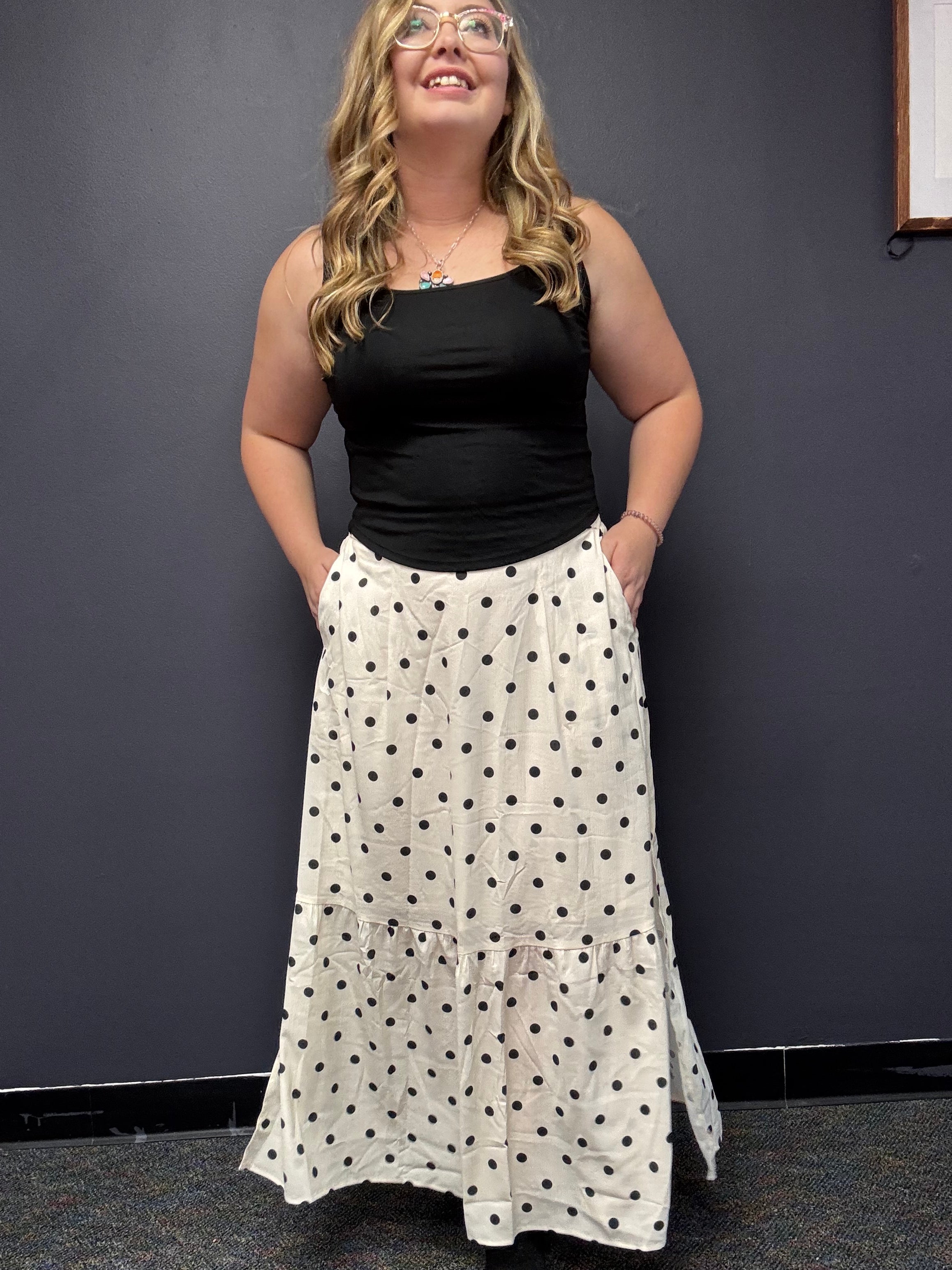 Polka Dot Ruffled Slit Maxi Skirt