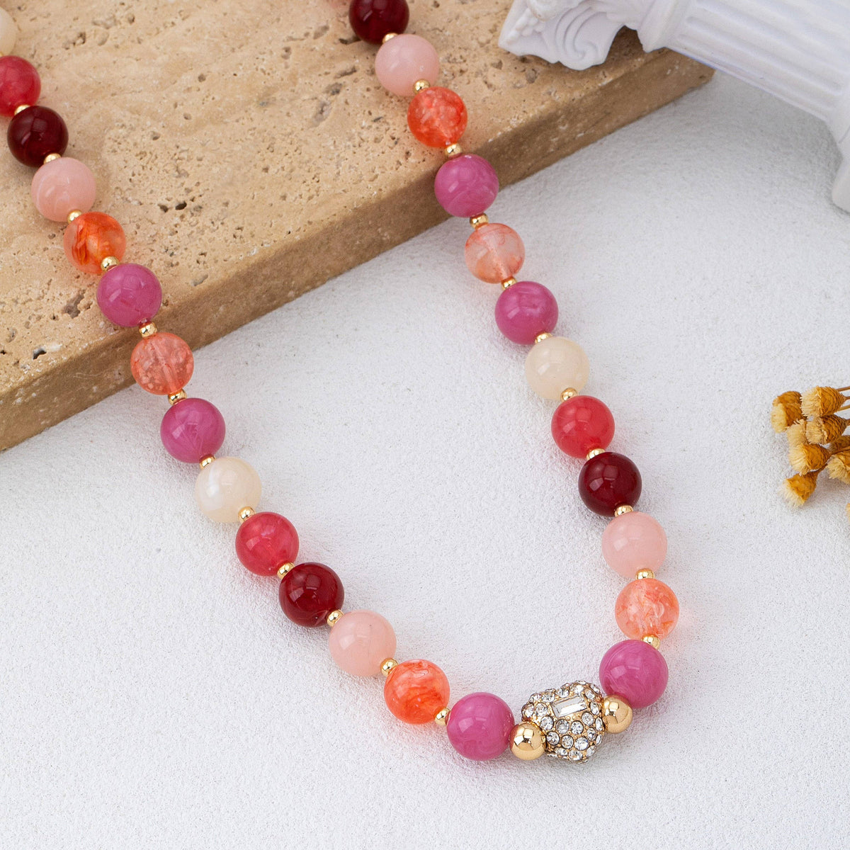 Rose & Berry Beaded Heart Crystal Ball Necklace