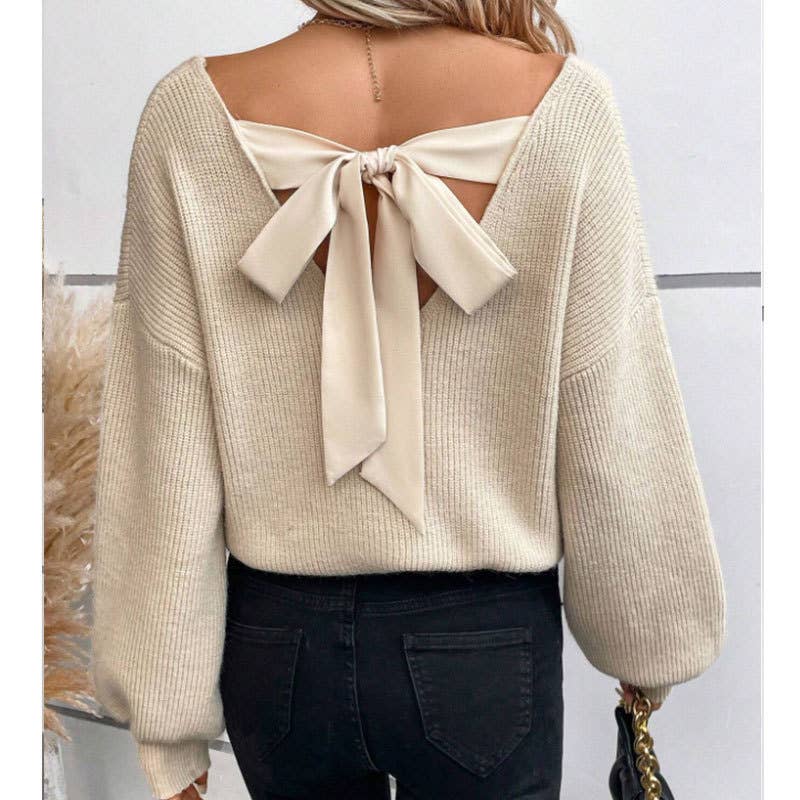 V-neck plain knit sweater with back tie: Beige / L