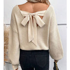 V-neck plain knit sweater with back tie: Beige / L