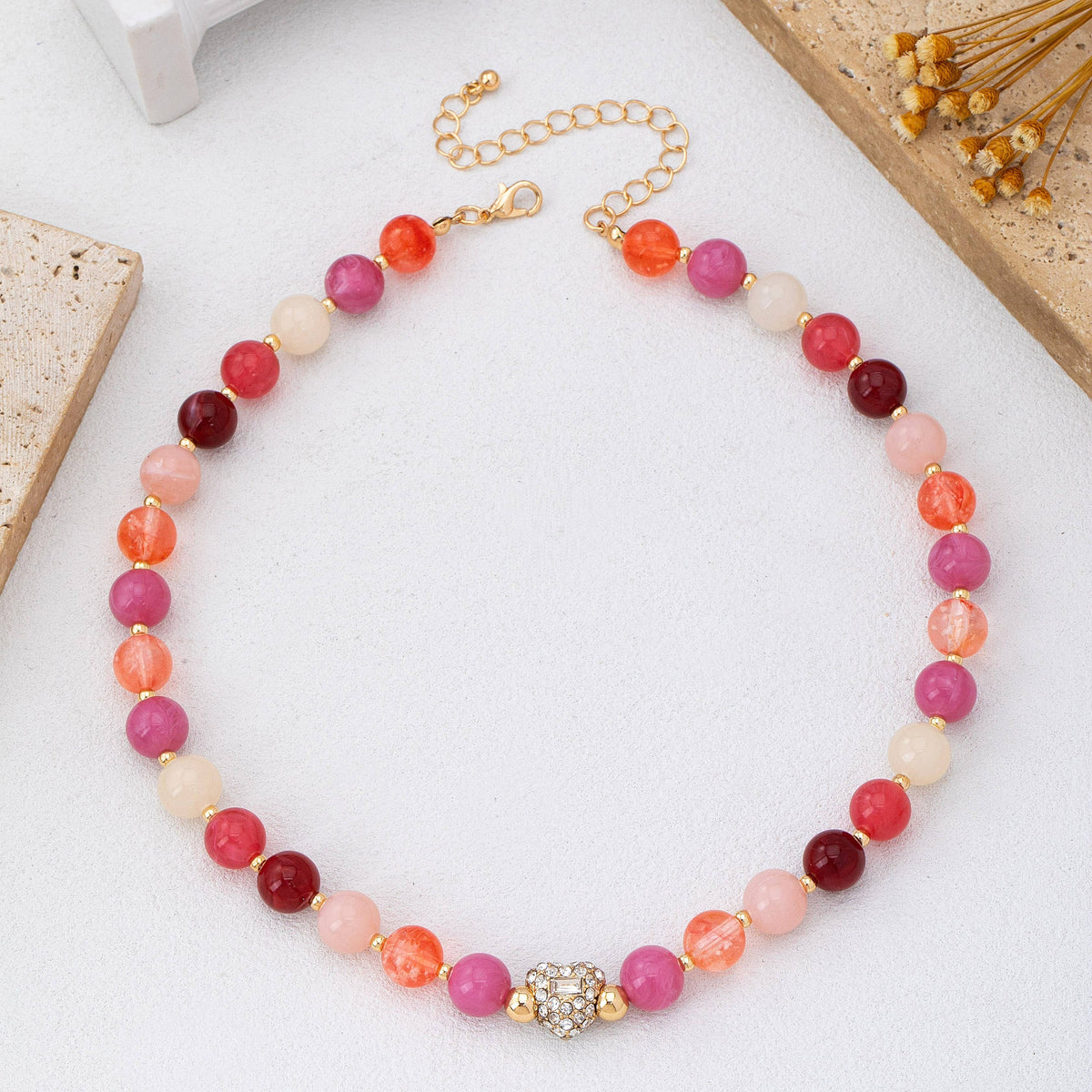 Rose & Berry Beaded Heart Crystal Ball Necklace