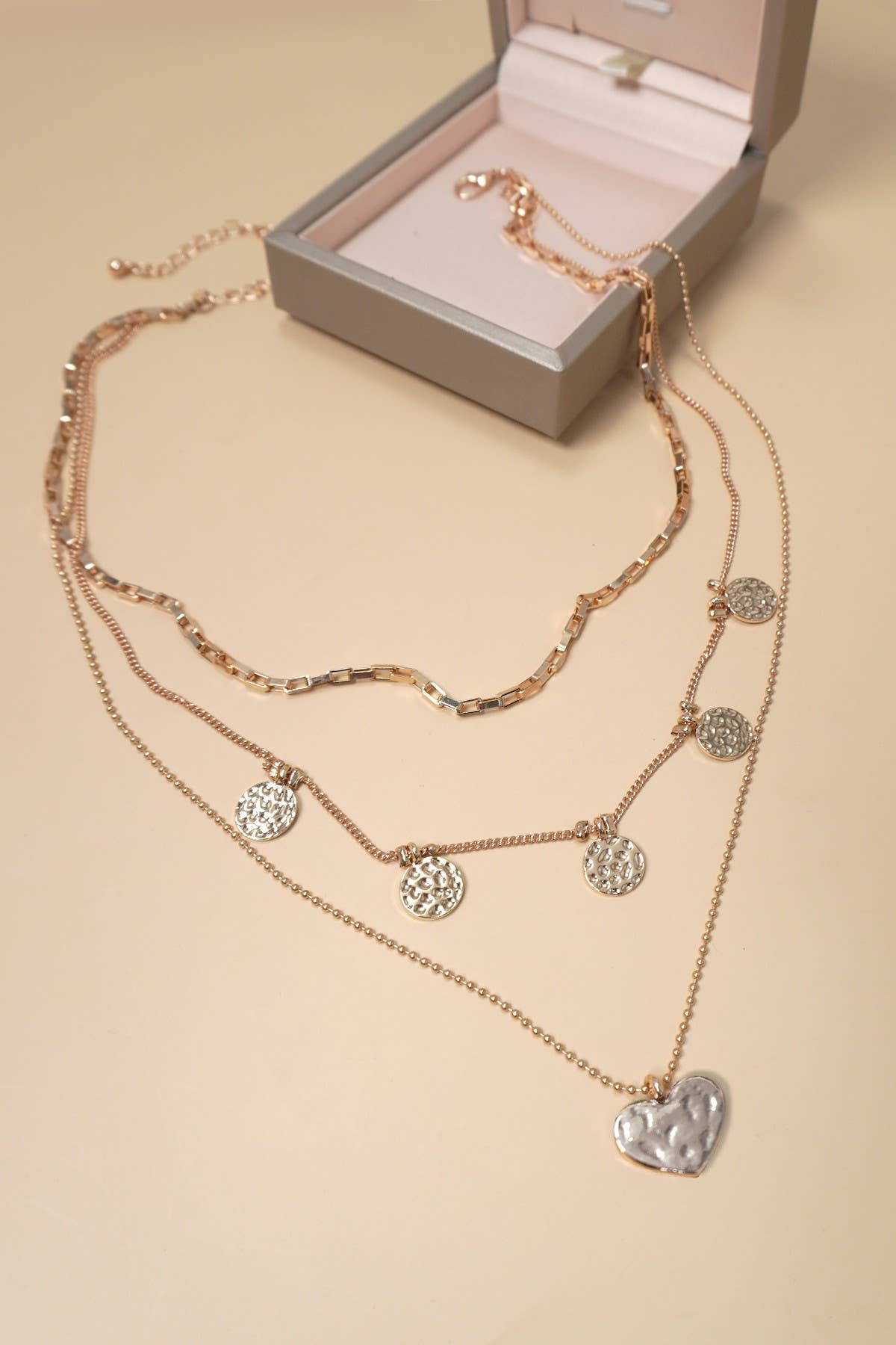 MULTI LAYER HAMMERED HEART NECKLACE