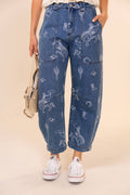 91785P Western Print Barrel Leg Denim Jean: MEDIUM WASH / S-M-L (2-2-2)