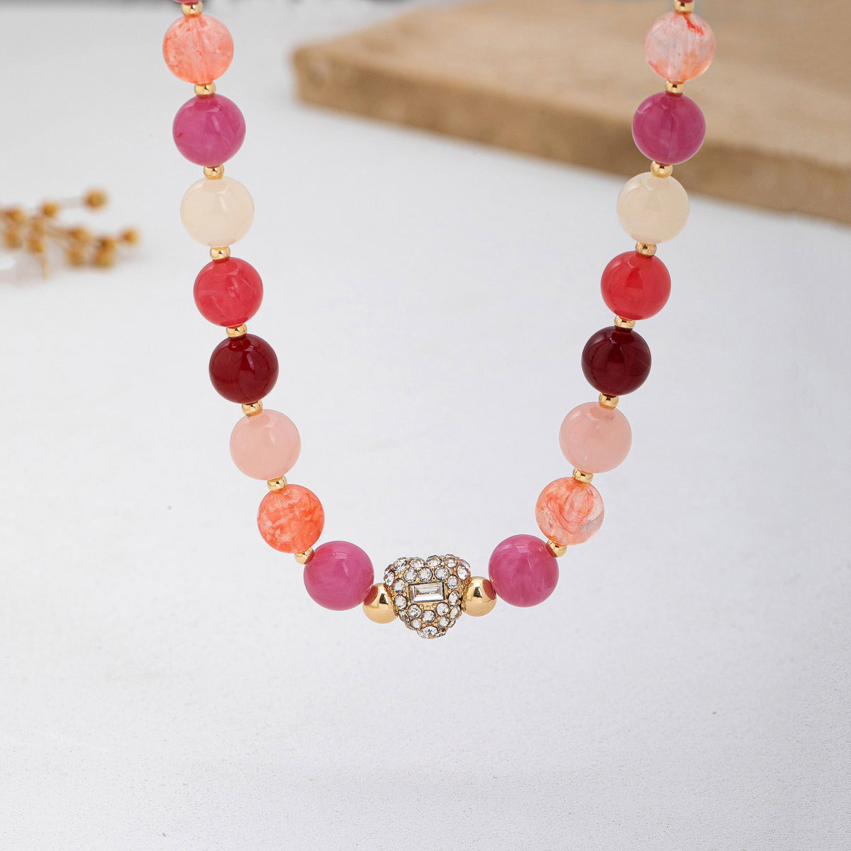 Rose & Berry Beaded Heart Crystal Ball Necklace
